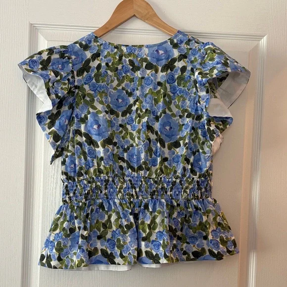 entro Blue Floral Tie-Waist Peplum Top with White Trim - Picture 6 of 6